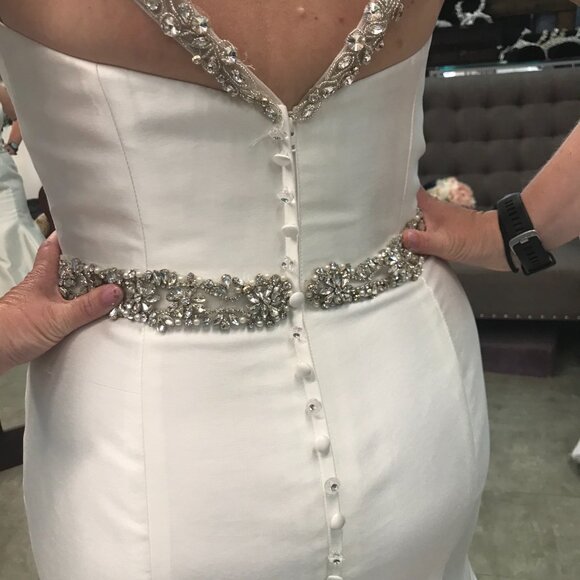 SAMPLE Mikado Wedding Dress, Ivory Mermaid Fit and Flare Sexy, BLING straps - Picture 5 of 10